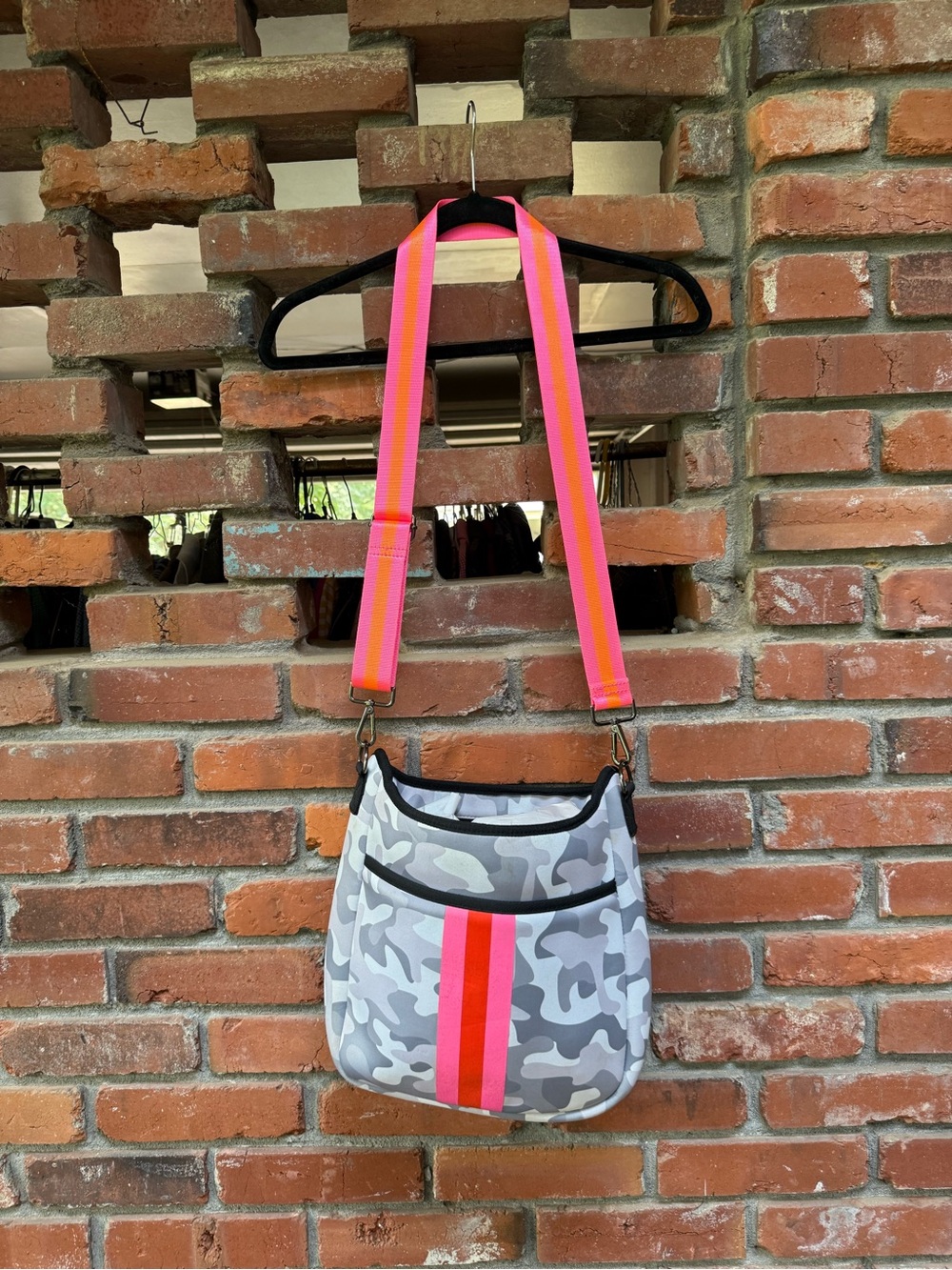HAUTE SHORE Gray Camo Crossbody with Neon Pink & Orange Strap